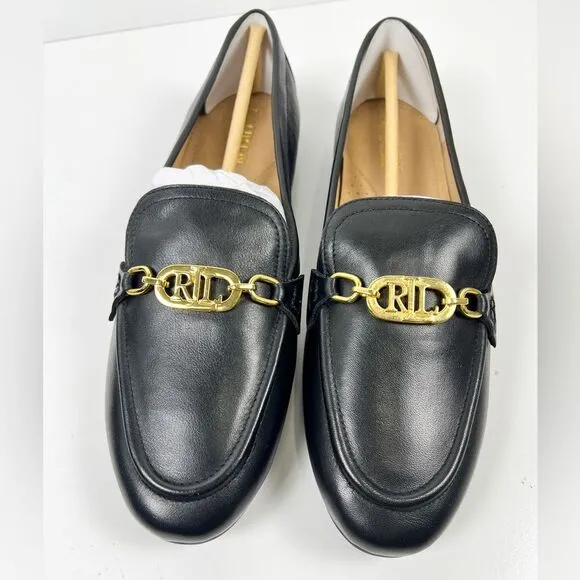 Ralph Lauren Womens Averi Loafer Flats Black Leather And Gold Emblem Detail 10M