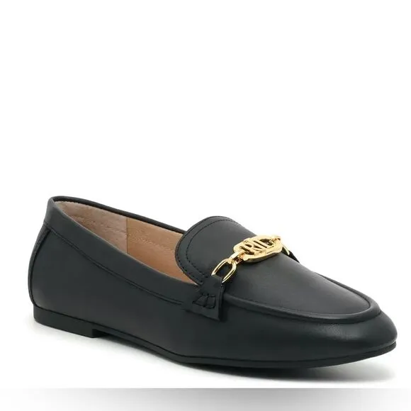Ralph Lauren Womens Averi Loafer Flats Black Leather And Gold Emblem Detail 10M