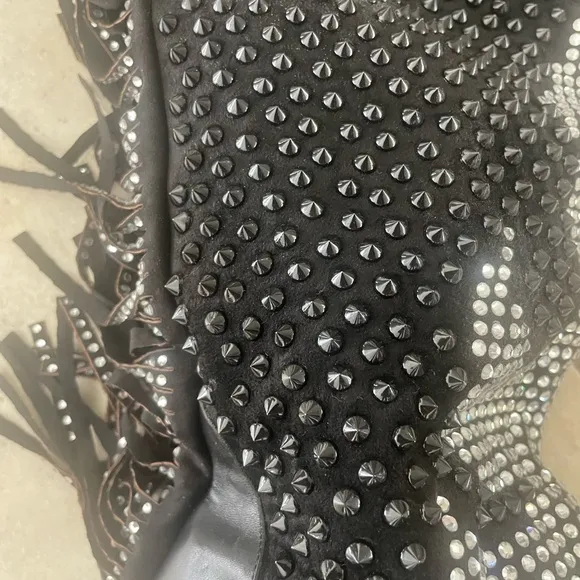 RARE crystal pave thigh high fringe cowboy boots