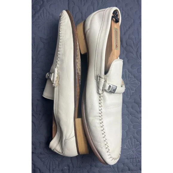 Rare FLORSHEIM &quot;Baxley&quot; Cream Ornamented Strap Leather Loafers 12 D Pre-Owned