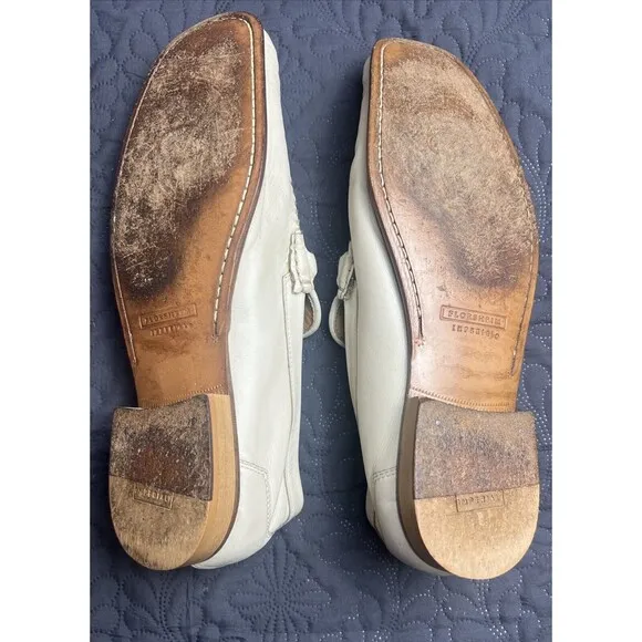 Rare FLORSHEIM &quot;Baxley&quot; Cream Ornamented Strap Leather Loafers 12 D Pre-Owned