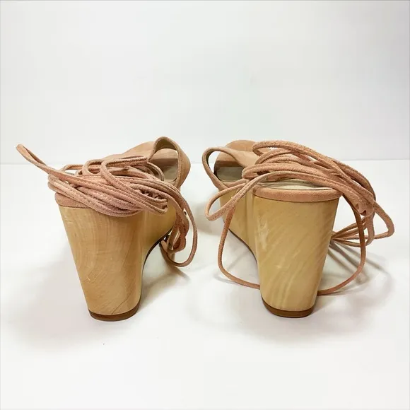 Raye Finley Ankle Tie Wood Wedge Sandals in Ballet Pink Suede