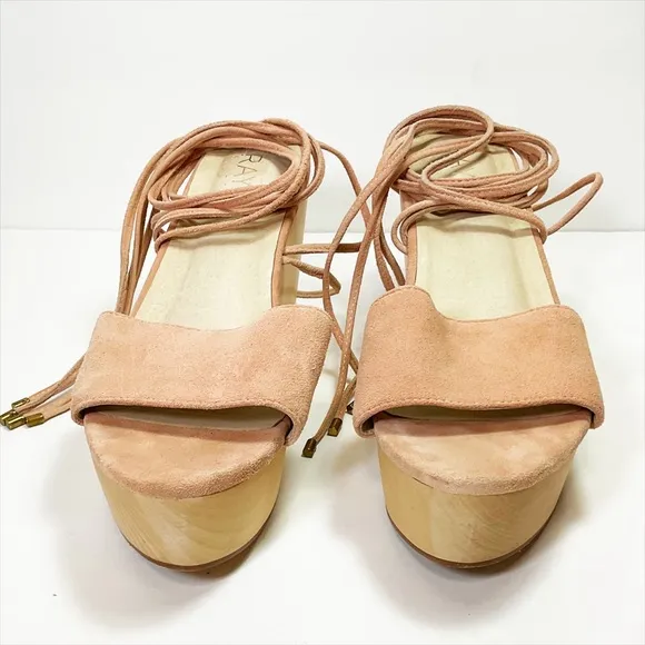 Raye Finley Ankle Tie Wood Wedge Sandals in Ballet Pink Suede