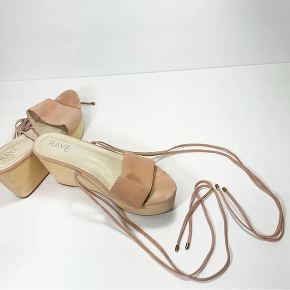 Raye Finley Ankle Tie Wood Wedge Sandals in Ballet Pink Suede