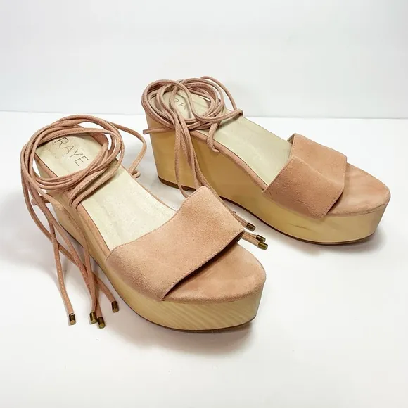 Raye Finley Ankle Tie Wood Wedge Sandals in Ballet Pink Suede