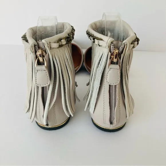 Rebecca Minkoff Faith Fringe Ankle Strap Pointy Gray Flat Shoes Sandals Sz 9