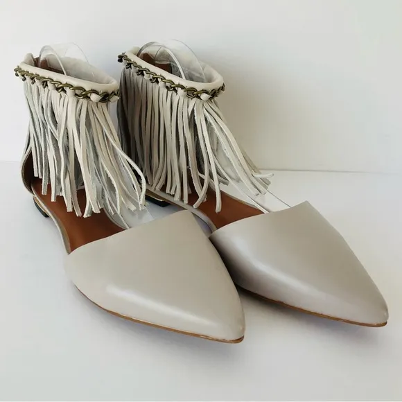 Rebecca Minkoff Faith Fringe Ankle Strap Pointy Gray Flat Shoes Sandals Sz 9
