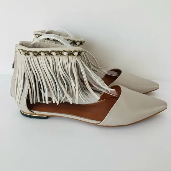 Rebecca Minkoff Faith Fringe Ankle Strap Pointy Gray Flat Shoes Sandals Sz 9
