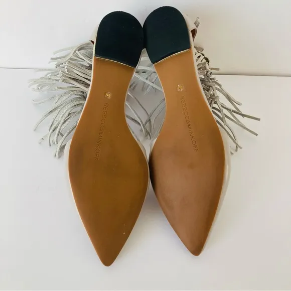 Rebecca Minkoff Faith Fringe Ankle Strap Pointy Gray Flat Shoes Sandals Sz 9