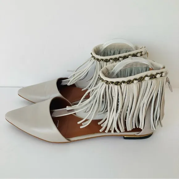 Rebecca Minkoff Faith Fringe Ankle Strap Pointy Gray Flat Shoes Sandals Sz 9