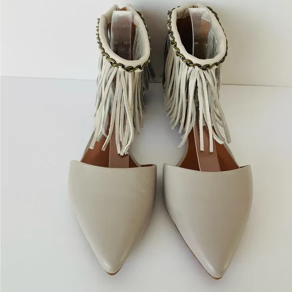 Rebecca Minkoff Faith Fringe Ankle Strap Pointy Gray Flat Shoes Sandals Sz 9