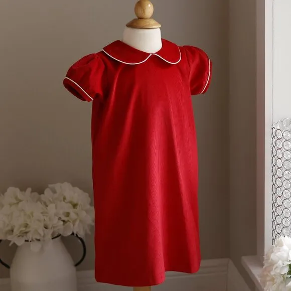 Red Corduroy Dress Shift White Trim Preppy Add Monogram 100% Cotton Portrait