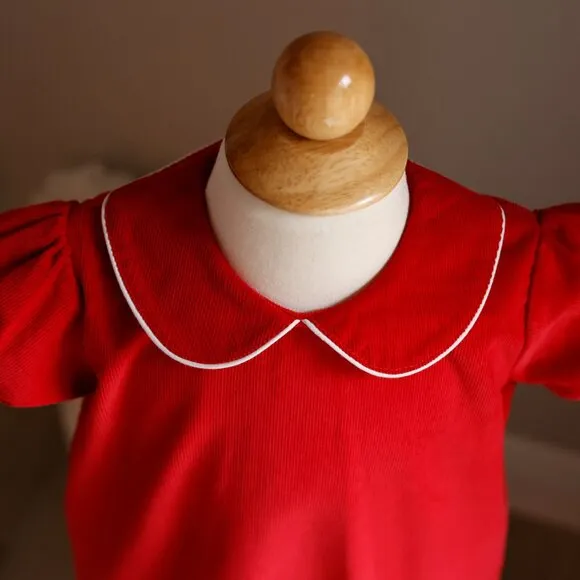 Red Corduroy Dress Shift White Trim Preppy Add Monogram 100% Cotton Portrait