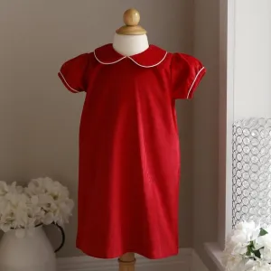 Red Corduroy Dress Shift White Trim Preppy Add Monogram 100% Cotton Portrait