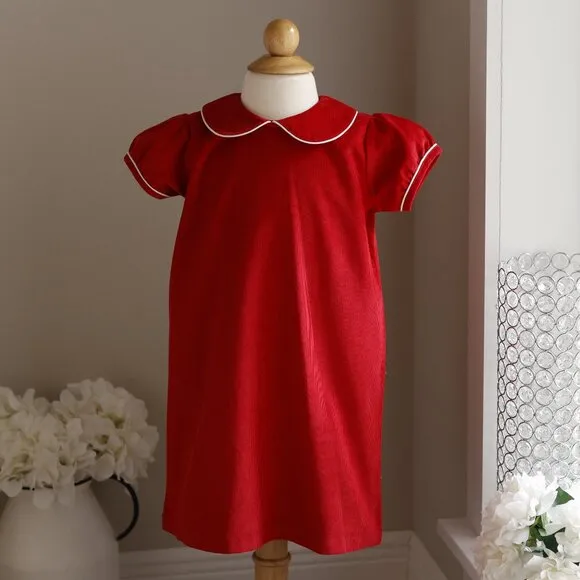 Red Corduroy Dress Shift White Trim Preppy Add Monogram 100% Cotton Portrait