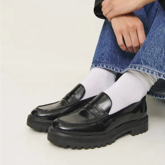 Reformation Agathea Black Leather Chunky Lug Sole Penny Loafers size 8 AS-IS