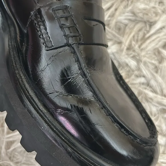 Reformation Agathea Black Leather Chunky Lug Sole Penny Loafers size 8 AS-IS