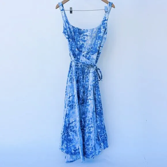 Reformation Garten Blue Tie Dye Wrap Midi Dress Linen Medium Low Back Spring