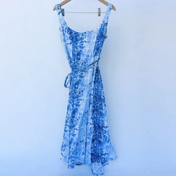 Reformation Garten Blue Tie Dye Wrap Midi Dress Linen Medium Low Back Spring