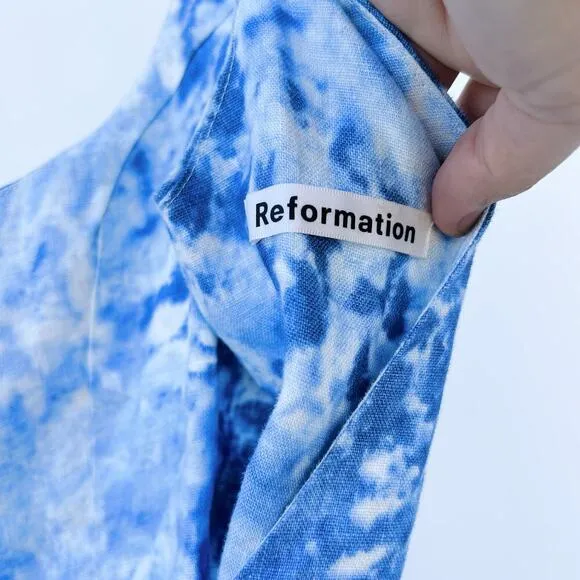 Reformation Garten Blue Tie Dye Wrap Midi Dress Linen Medium Low Back Spring