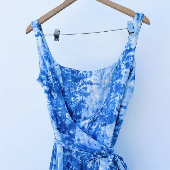 Reformation Garten Blue Tie Dye Wrap Midi Dress Linen Medium Low Back Spring