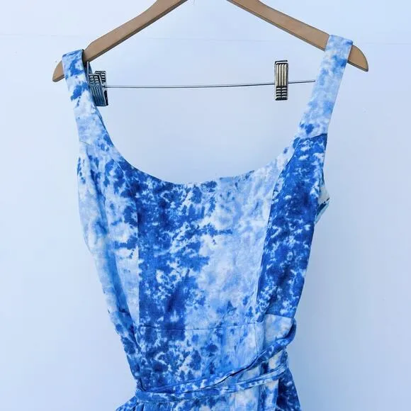 Reformation Garten Blue Tie Dye Wrap Midi Dress Linen Medium Low Back Spring