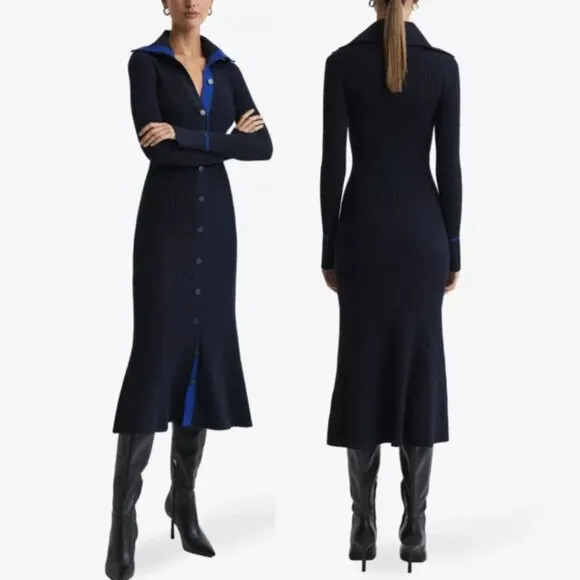 Reiss Millie Knitted Ribbed Midi Dress Navy/Blue Size Small Bodycon