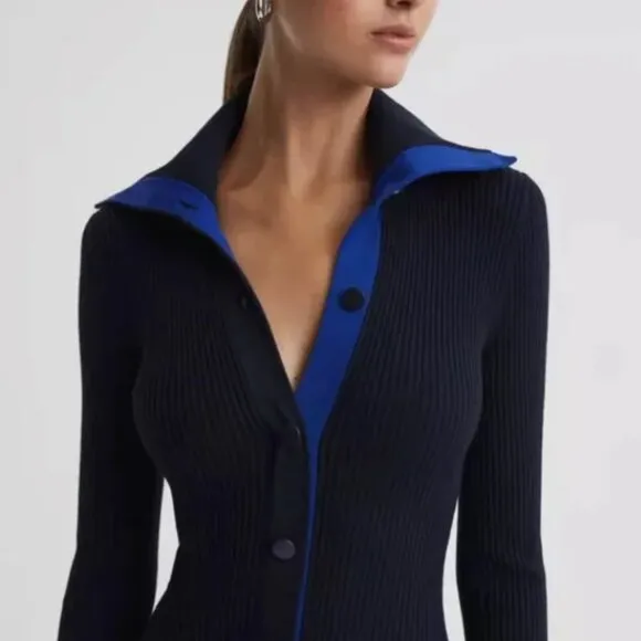 Reiss Millie Knitted Ribbed Midi Dress Navy/Blue Size Small Bodycon