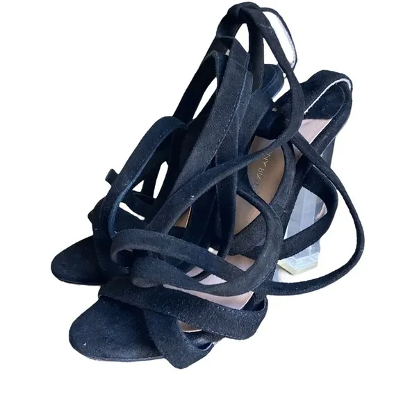Revolve Tony Bianco Black Suede Clear Heel Ankle Wrap Komma Sandals Size 5