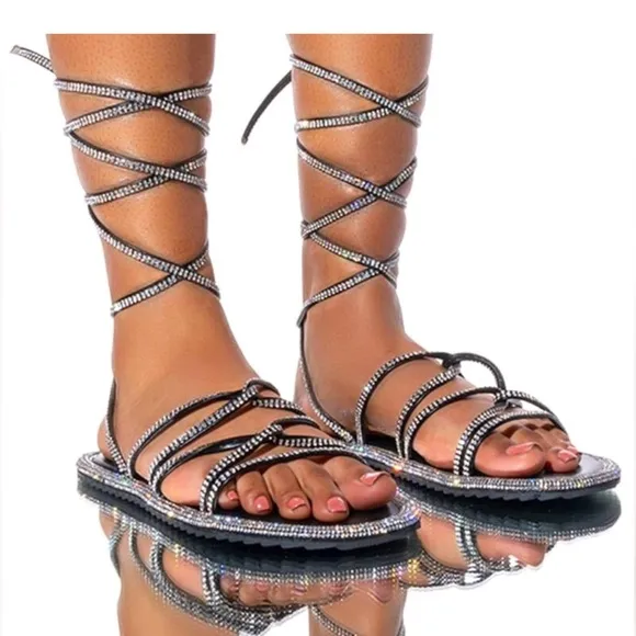 Rhinestone Calf Wrap Up Flat Sandals