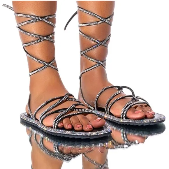 Rhinestone Calf Wrap Up Flat Sandals