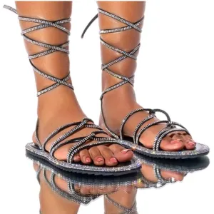 Rhinestone Calf Wrap Up Flat Sandals