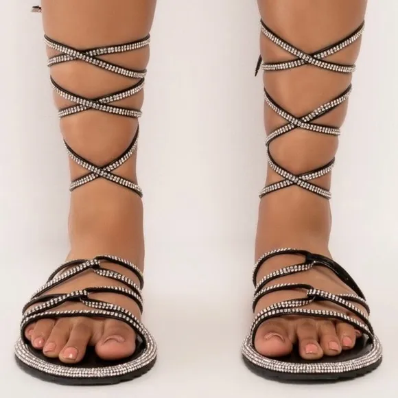 Rhinestone Calf Wrap Up Flat Sandals
