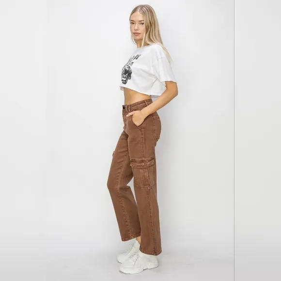 RISEN Cargo High-Rise 90s Retro Denim Wide Leg Boyfriend Fit Utility Jean Pants