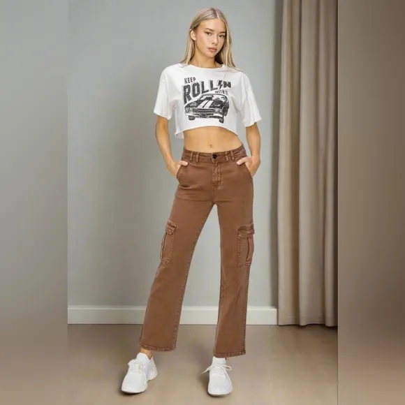 RISEN Cargo High-Rise 90s Retro Denim Wide Leg Boyfriend Fit Utility Jean Pants