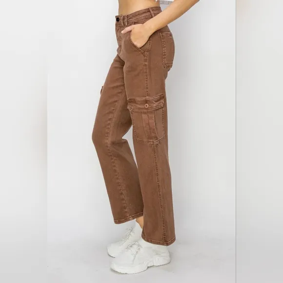 RISEN Cargo High-Rise 90s Retro Denim Wide Leg Boyfriend Fit Utility Jean Pants