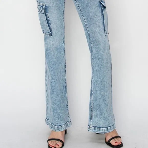 RISEN Retro 90s Cargo High-Rise Flare Tapered Acid Wash Denim Jeans Utility Pant