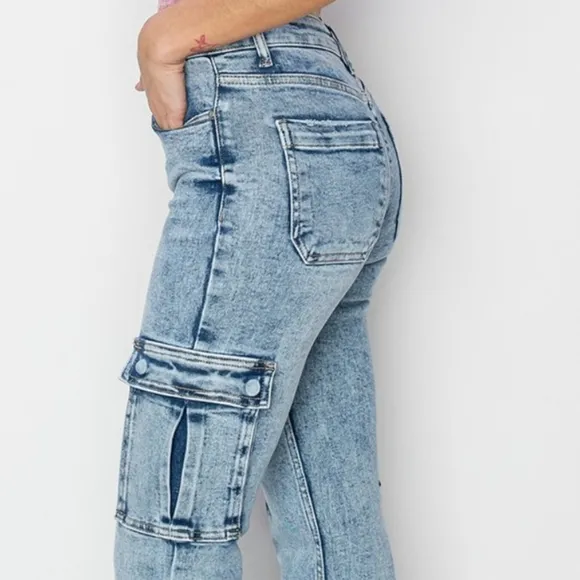 RISEN Retro 90s Cargo High-Rise Flare Tapered Acid Wash Denim Jeans Utility Pant