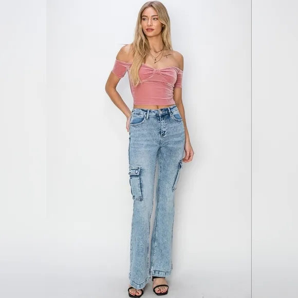 RISEN Retro 90s Cargo High-Rise Flare Tapered Acid Wash Denim Jeans Utility Pant