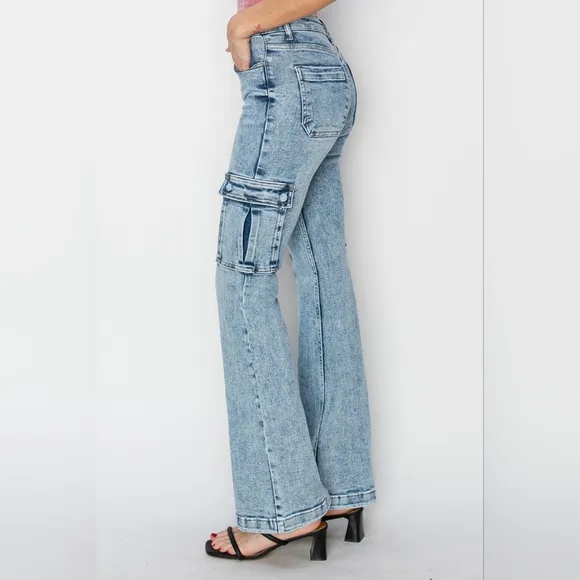 RISEN Retro 90s Cargo High-Rise Flare Tapered Acid Wash Denim Jeans Utility Pant
