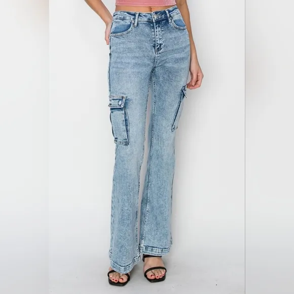 RISEN Retro 90s Cargo High-Rise Flare Tapered Acid Wash Denim Jeans Utility Pant