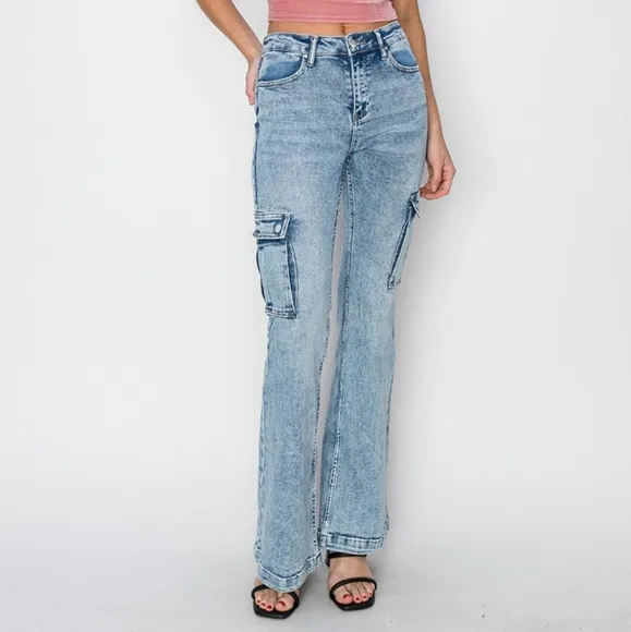 RISEN Retro 90s Cargo High-Rise Flare Tapered Acid Wash Denim Jeans Utility Pant