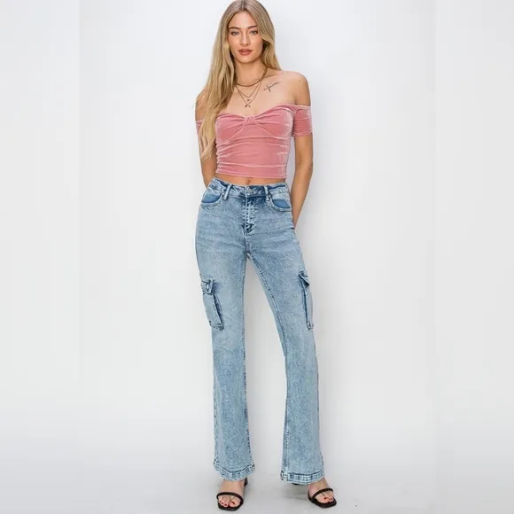 RISEN Retro 90s Cargo High-Rise Flare Tapered Acid Wash Denim Jeans Utility Pant