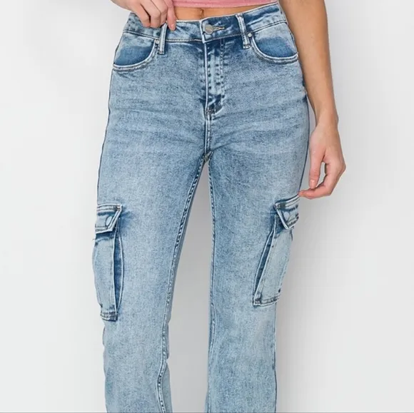 RISEN Retro 90s Cargo High-Rise Flare Tapered Acid Wash Denim Jeans Utility Pant