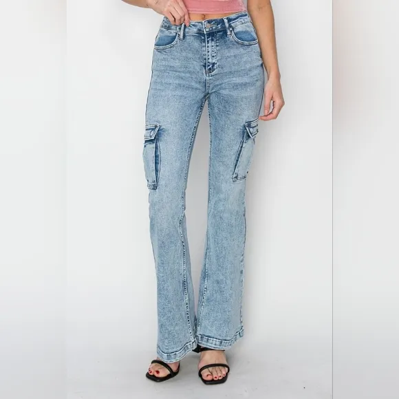 RISEN Retro 90s Cargo High-Rise Flare Tapered Acid Wash Denim Jeans Utility Pant
