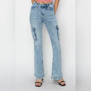 RISEN Retro 90s Cargo High-Rise Flare Tapered Acid Wash Denim Jeans Utility Pant