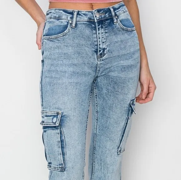 RISEN Retro 90s Cargo High-Rise Flare Tapered Acid Wash Denim Jeans Utility Pant