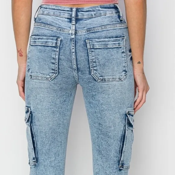 RISEN Retro 90s Cargo High-Rise Flare Tapered Acid Wash Denim Jeans Utility Pant