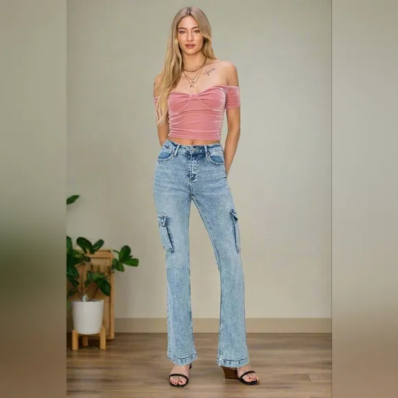RISEN Retro 90s Cargo High-Rise Flare Tapered Acid Wash Denim Jeans Utility Pant