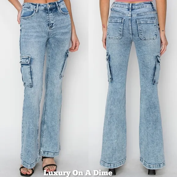 RISEN Retro 90s Cargo High-Rise Flare Tapered Acid Wash Denim Jeans Utility Pant